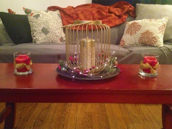 Gold Cage- Target | Gold Candle- Michaels | Red Candle, Ribbon and Glass: Dollar Tree | Lights: Gordmas | Rustic Wreath: Michaels 